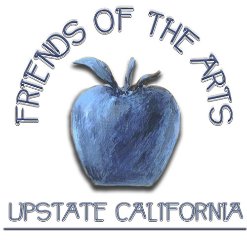 logo with the words Friends of the Arts listed above the illustration of a blue apple. Below the apple are the words Upstate California